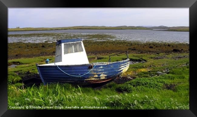 Beached blue boat at east Loch Roag Framed Print by Rhonda Surman