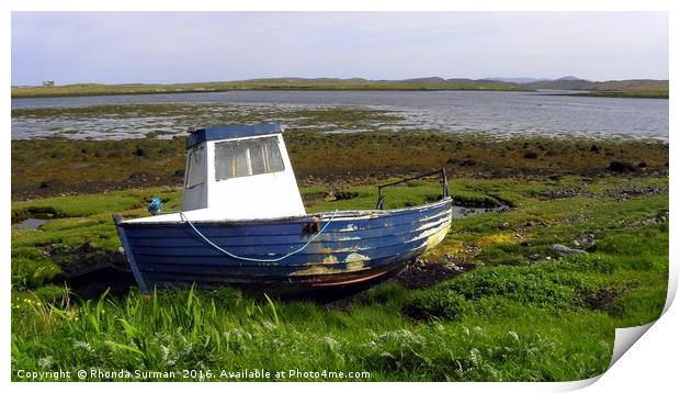 Beached blue boat at east Loch Roag Print by Rhonda Surman