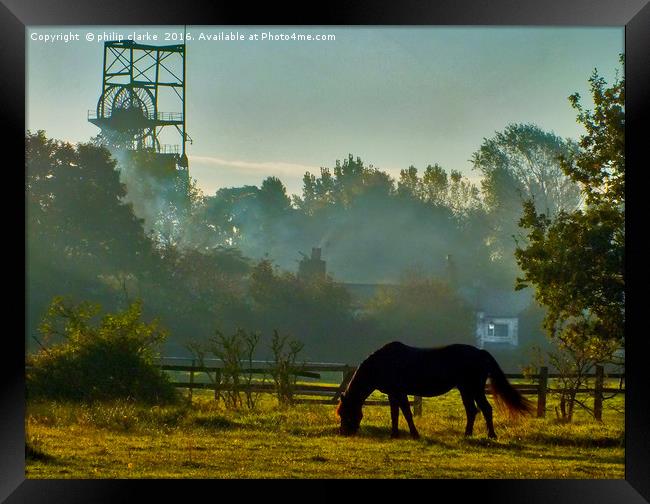 Horse Grazing in Early Morning Mist Framed Print by philip clarke