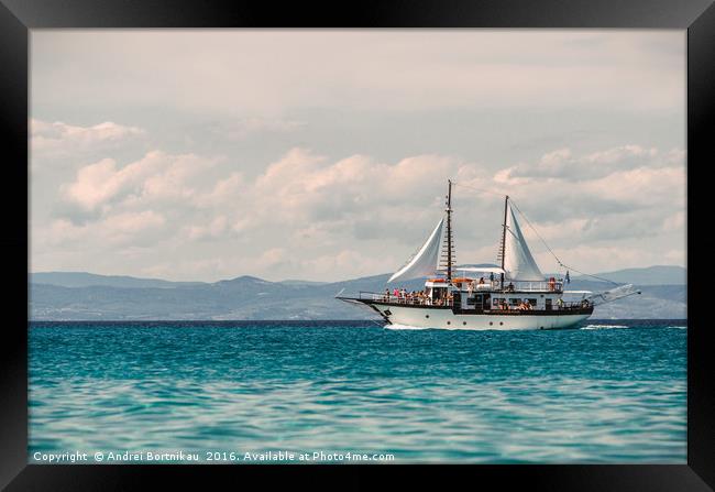Sailing ship sails in the Aegean Sea Framed Print by Andrei Bortnikau