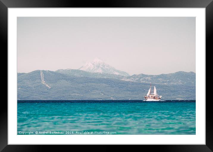 Sailing ship sails in the Aegean Sea Framed Mounted Print by Andrei Bortnikau