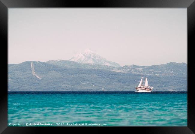 Sailing ship sails in the Aegean Sea Framed Print by Andrei Bortnikau