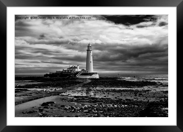 St Mary's Lighthouse and Island in B&W Framed Mounted Print by Jim Jones