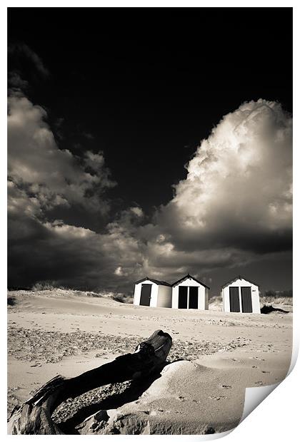 Three beach huts Print by Simon Wrigglesworth