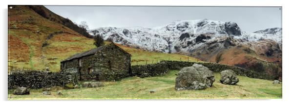 Stone barn and snow capped mountains. Hartsop, Cum Acrylic by Liam Grant
