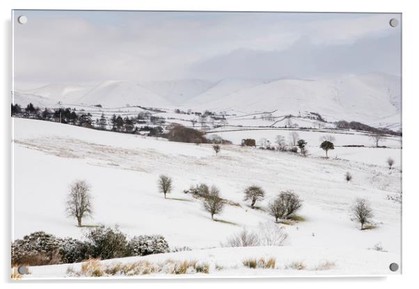 Snow covered mountains and farmland. Cumbria, UK. Acrylic by Liam Grant