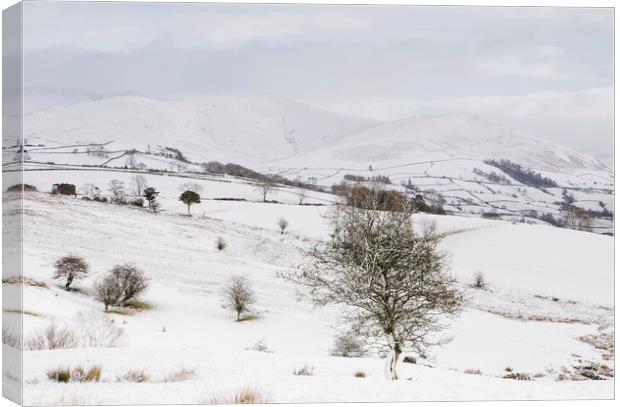 Snow covered mountains and farmland. Cumbria, UK. Canvas Print by Liam Grant