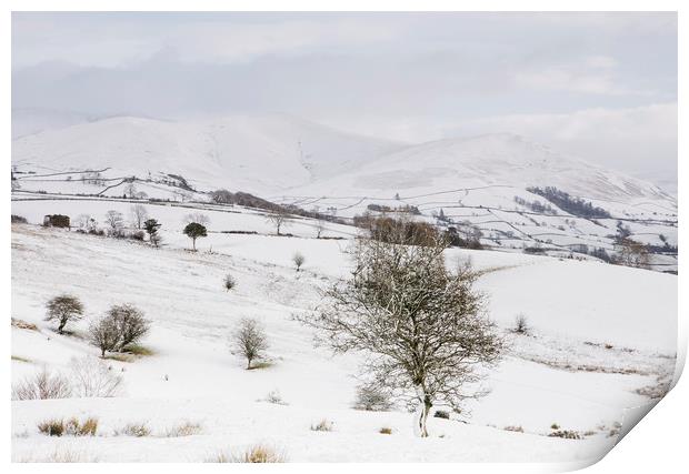 Snow covered mountains and farmland. Cumbria, UK. Print by Liam Grant