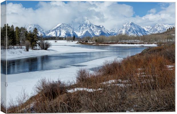 Grand Tetons from Oxbow Bend Canvas Print by Belinda Greb