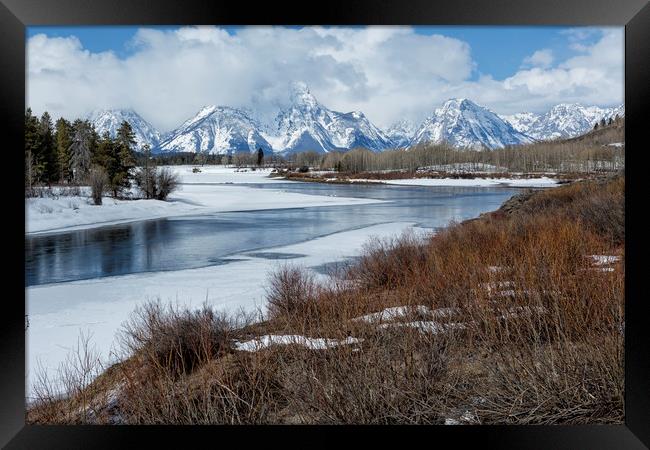 Grand Tetons from Oxbow Bend Framed Print by Belinda Greb