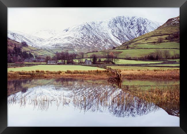 Farm and snow covered mountain reflections in Brot Framed Print by Liam Grant