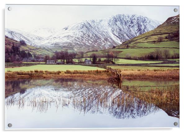 Farm and snow covered mountain reflections in Brot Acrylic by Liam Grant