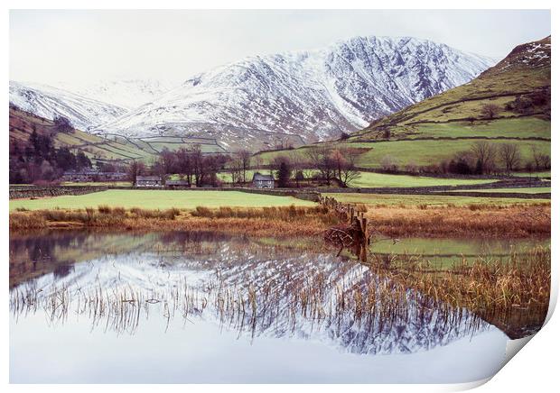 Farm and snow covered mountain reflections in Brot Print by Liam Grant