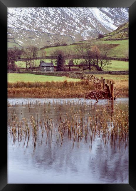 Farm and snow covered mountain reflections in Brot Framed Print by Liam Grant