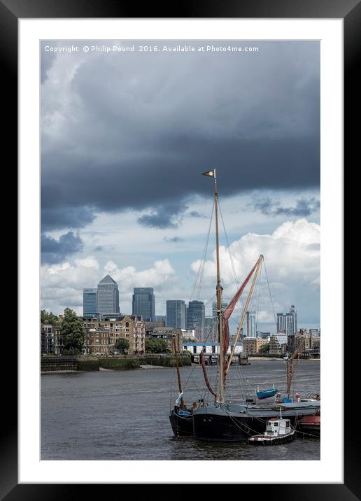 Thames Barge & Canary Wharf Framed Mounted Print by Philip Pound