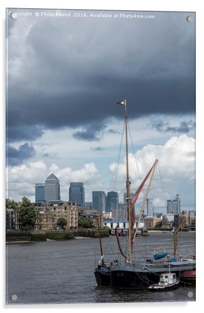 Thames Barge & Canary Wharf Acrylic by Philip Pound