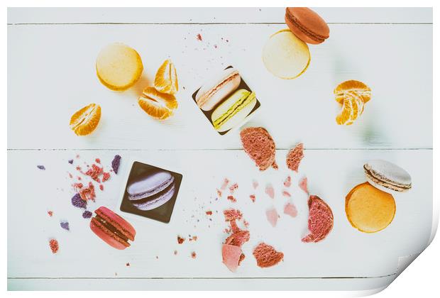French Macaroons With Tangerine Slices On Table Print by Radu Bercan