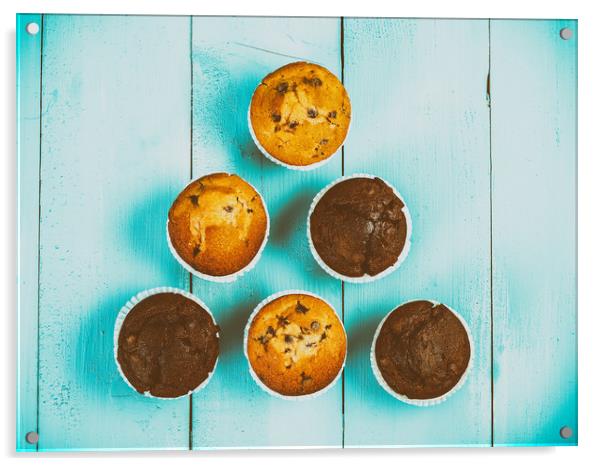 Homemade Chocolate Chip Muffins On Blue Table Acrylic by Radu Bercan