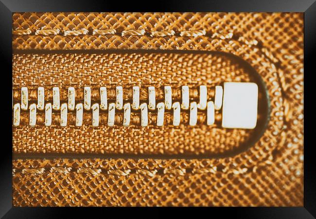 Zipper Closeup On Brown Leather Wallet Framed Print by Radu Bercan