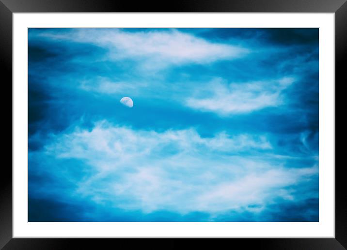 Moon Visible In Blue Sky With White Soft Clouds Framed Mounted Print by Radu Bercan