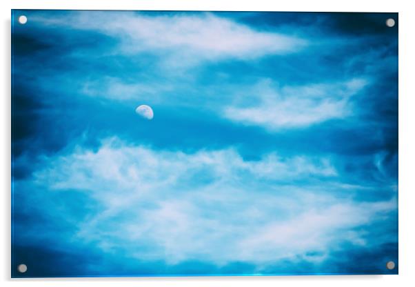 Moon Visible In Blue Sky With White Soft Clouds Acrylic by Radu Bercan