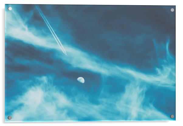 Airplane Flying To The Moon Concept On Blue Sky Acrylic by Radu Bercan