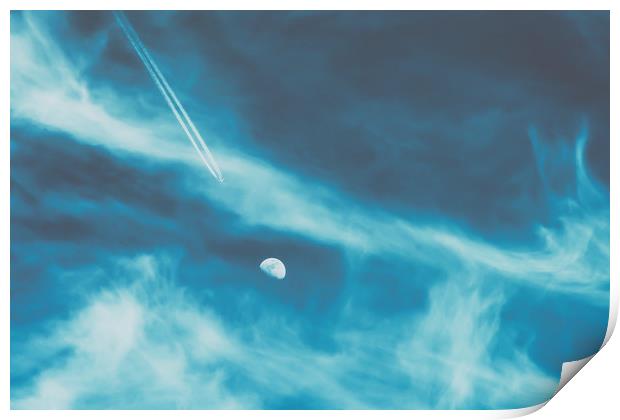 Airplane Flying To The Moon Concept On Blue Sky Print by Radu Bercan