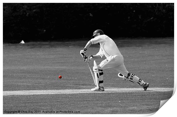 Cricketer in black and white with red ball Print by Chris Day
