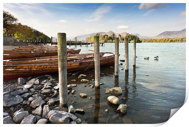 Boats and Poles on Derwent Water Print by Stephen Mole