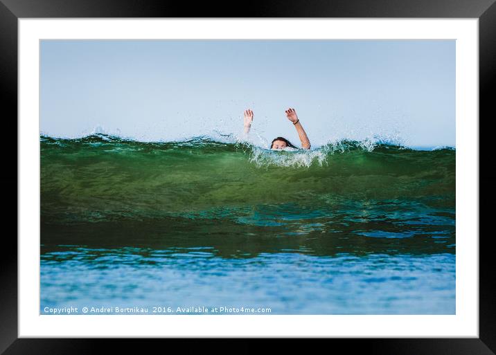 The girl has covered a huge wave in Arabian Sea Framed Mounted Print by Andrei Bortnikau