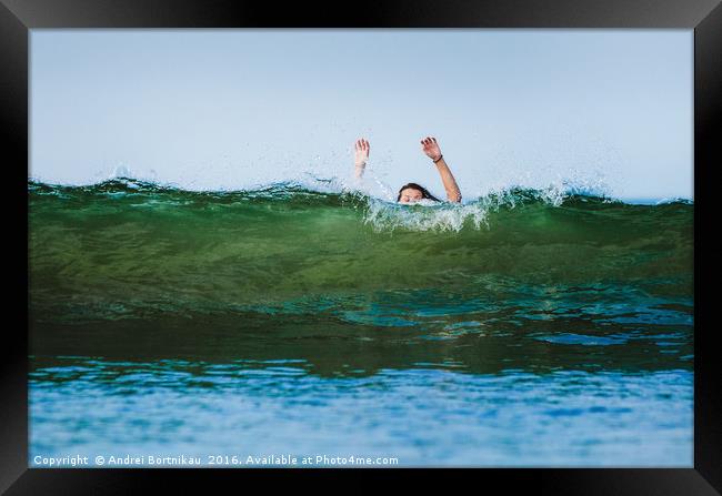 The girl has covered a huge wave in Arabian Sea Framed Print by Andrei Bortnikau
