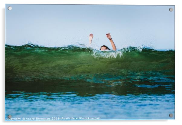 The girl has covered a huge wave in Arabian Sea Acrylic by Andrei Bortnikau
