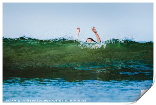 The girl has covered a huge wave in Arabian Sea Print by Andrei Bortnikau