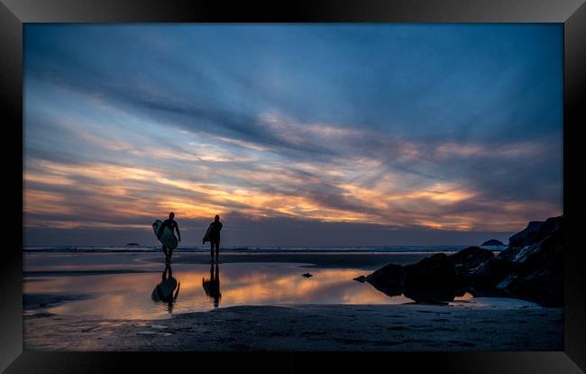 Sunset Surfing - Polzeath Cornwall  Framed Print by Jon Rendle