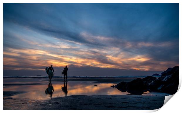 Sunset Surfing - Polzeath Cornwall  Print by Jon Rendle