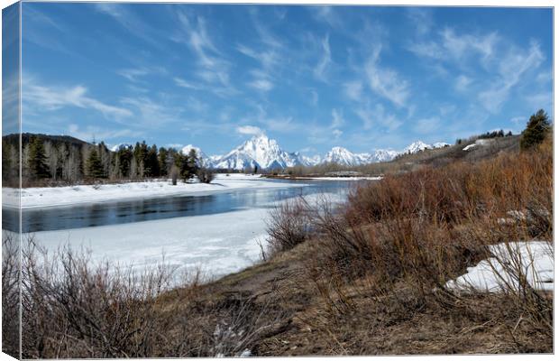 Grand Tetons from Oxbow Bend at a Distance Canvas Print by Belinda Greb