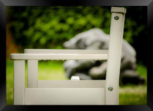 Rain drops on bench  Framed Print by Phil Robinson