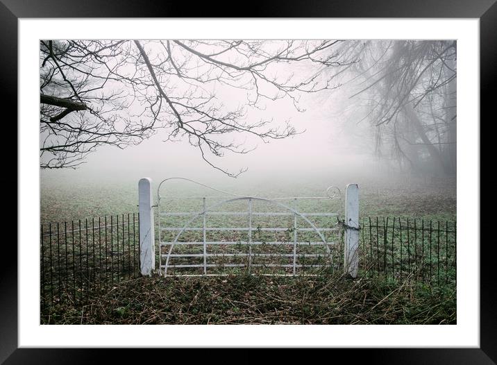 White field gate beside a field in fog. Norfolk, U Framed Mounted Print by Liam Grant