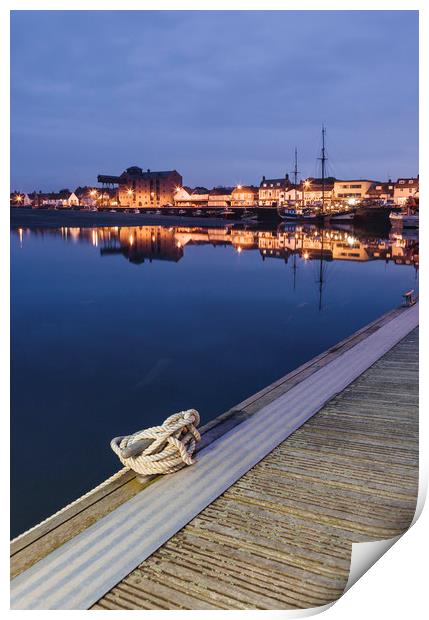 Boats and harbour at dawn twilight. Wells-next-the Print by Liam Grant