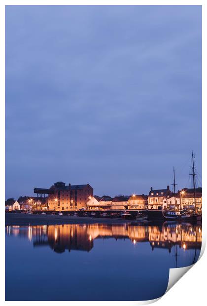 Boats and harbour at dawn twilight. Wells-next-the Print by Liam Grant