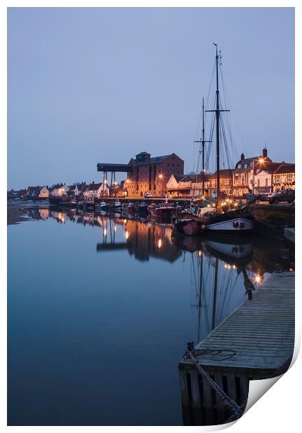 Boats and harbour at dawn twilight. Wells-next-the Print by Liam Grant