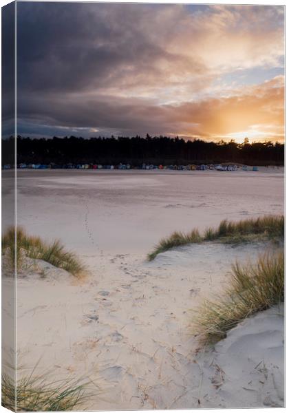 Sunset, beach huts and footprints in the sand. Nor Canvas Print by Liam Grant