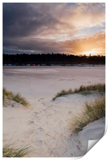 Sunset, beach huts and footprints in the sand. Nor Print by Liam Grant