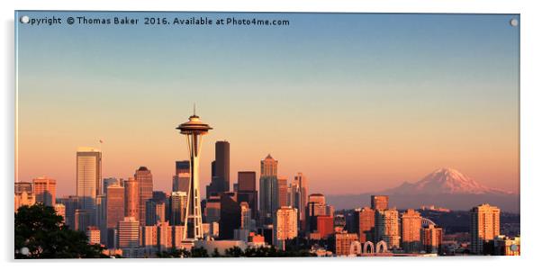Sunset over the city of Seattle Washington during  Acrylic by Thomas Baker