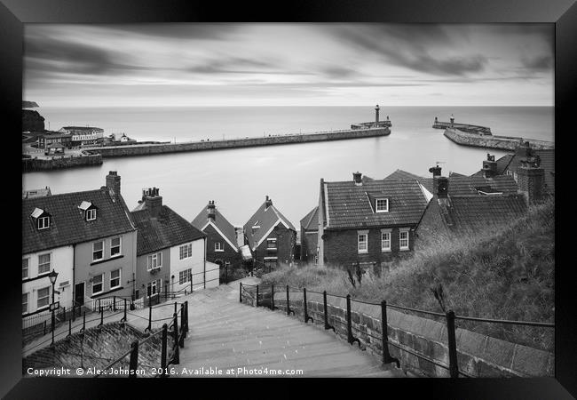 Whitby Steps Mono Framed Print by Alex Johnson