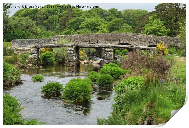 The two bridges at  Postbridge. Dartmoor Print by Diana Mower