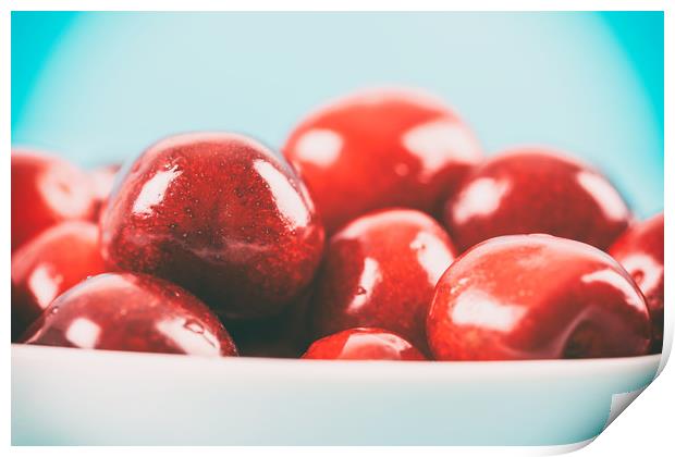 White Bowl Of Fresh Red Cherries Print by Radu Bercan