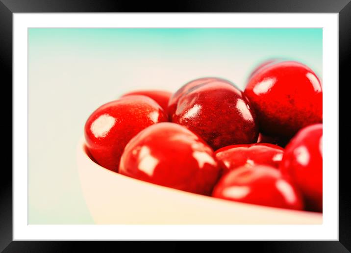 White Bowl Of Fresh Red Cherries Framed Mounted Print by Radu Bercan