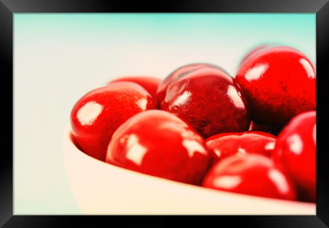 White Bowl Of Fresh Red Cherries Framed Print by Radu Bercan