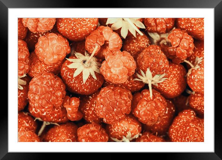 Raspberry And Strawberry Pile In Fruit Market Framed Mounted Print by Radu Bercan